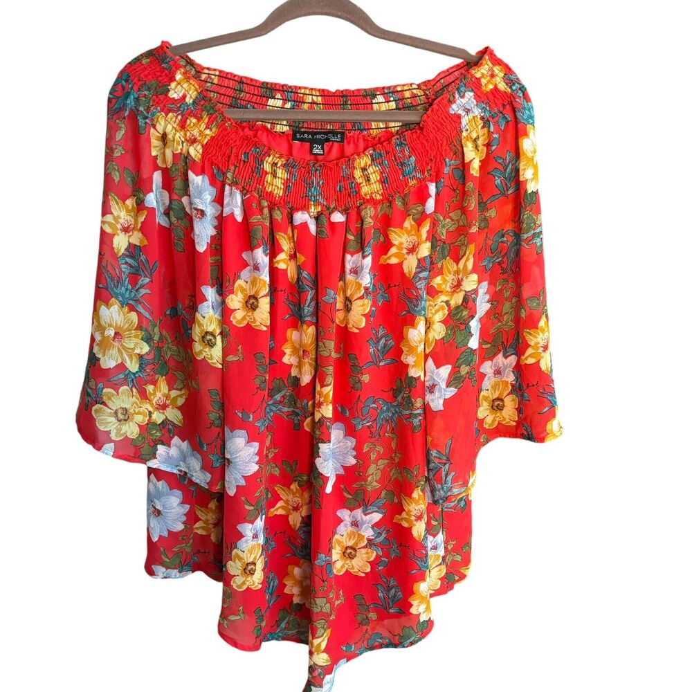 Sara Michelle Women's 2X Blouse Red Floral Lined Off Shoulder Blouse Smocked